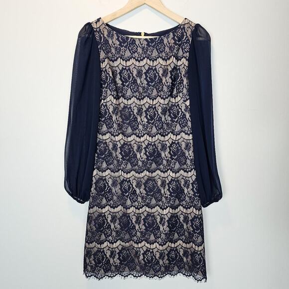 Eliza‎ J Navy Blue Lace Sheer Balloon Sleeve Short Party Cocktail Dress Size 6 - Picture 1 of 8